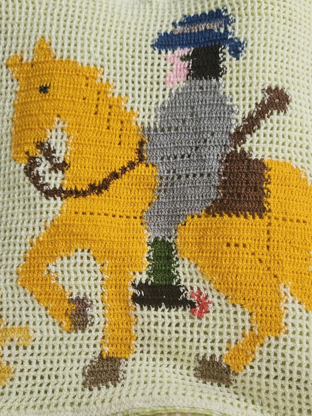 Vintage Crocheted Yellow Horse Accent Pillow Cover with Equestrian Motif and Dog